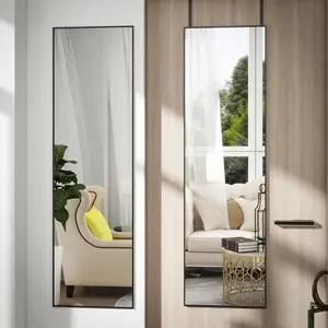 Full Length Door Mirror 14x48, Frame with Protective Film, No-Drilling or Wall (Horizontal/Vertical), & Included, Full Body Mirror for Bedroom, Dorm, Black