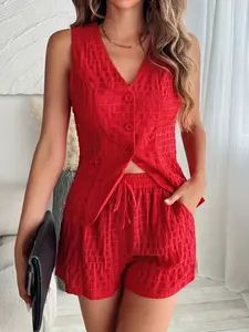 French Commuter Chic V-Neck Waist Cinching Vest + Drawstring Shorts Set, Womenswear, Summer Atmosphere, Pleated Casual, Perfect for Dates & Commuting