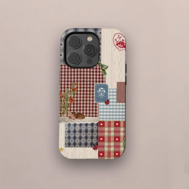 Patchwork Quilt Floral Tough Phone Case, Retro Cottagecore Phone Cover ip and ss, Aesthetic Protective Cover, Fall Accessory,phone Case Suitable for Iphone 11/12/13/14/15/16/17 Pro Promax Plus Air, Accessories, Shell Protection Cellphone