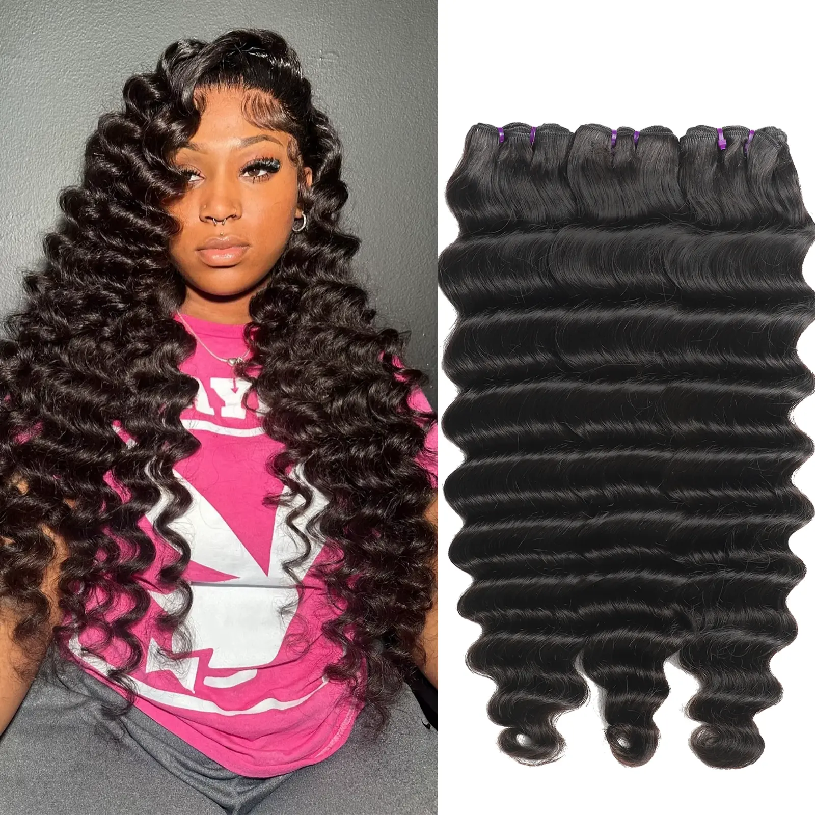 Beauty Queen 16A Unprocessed Brazilian Raw Human Hair Long Loose Deep Wave Bundles - 95-100g per Bundle, Natural Black Heat Resistant Extensions, High Elasticity for Daily Wear, Hair Bundles, Bundle Form