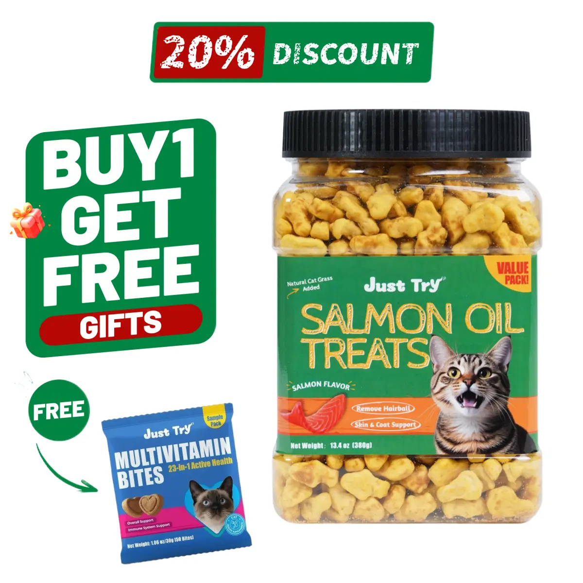 13.4 oz Feline Grass Soft Chew Treats, Kitten-Friendly Salmon Oil Boost, Natural Salmon Flavor, Training Biscuits for Cats, Joint Support & Skin & Coat Health Supplements,#sohochic