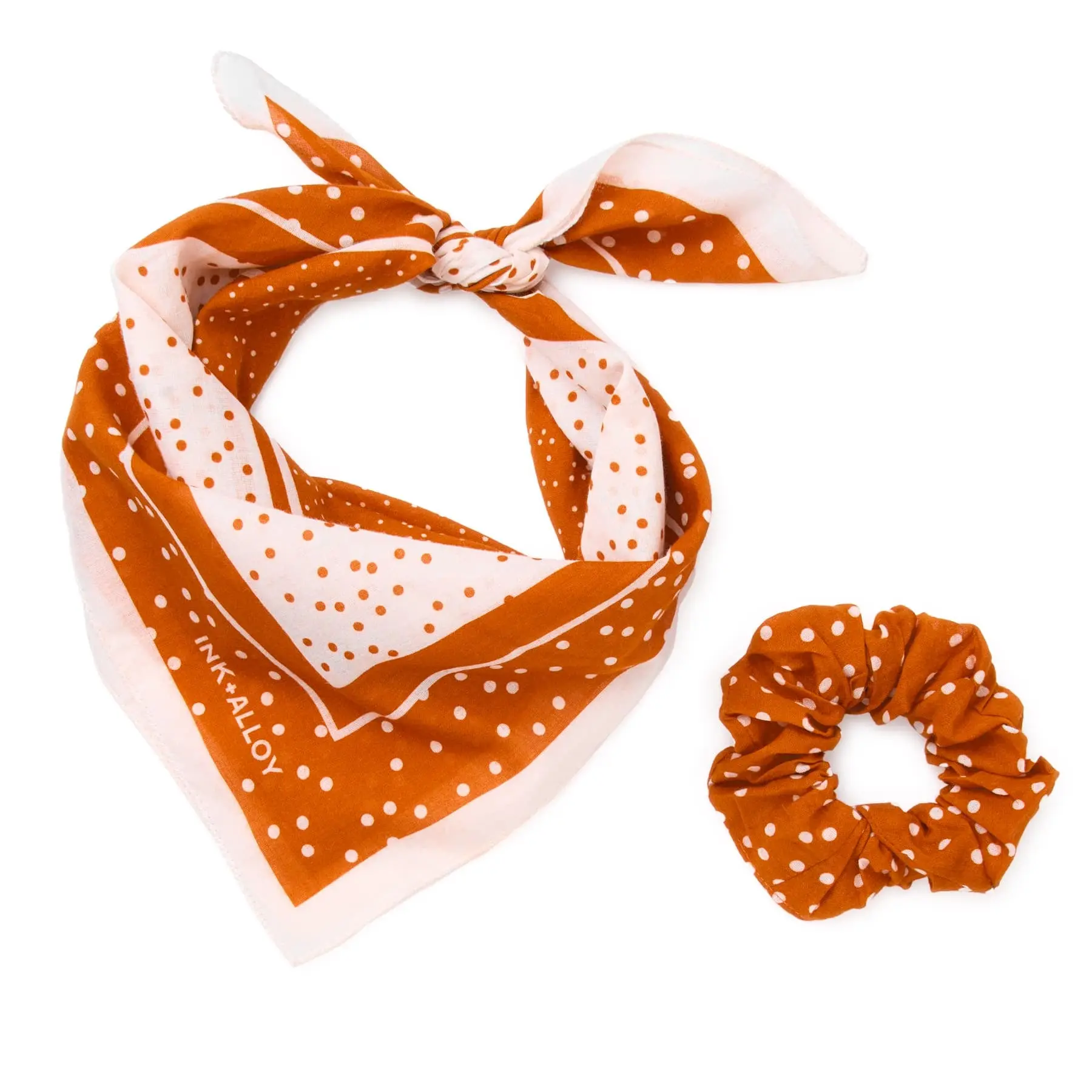 Game Day Polka Dot Scarf + Scrunchie Burnt Orange + White 21x21