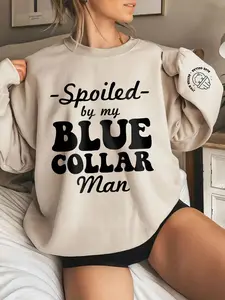 Stylish Blue Collar Man Print Knit Sweatshirt, Casual Loose-Fit Round Neck Pullover for Fall & Winter, Trendy Daily Wear, Womenswear