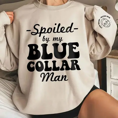 Stylish Blue Collar Man Print Knit Fabric Sweatshirt, Casual Loose-Fit Oversized Baggy Round Neck Long Sleeve Pullover for Fall & Winter, Trendy Daily Wear Tops, Womenswear, Clothes, Casual Cozy Pullover