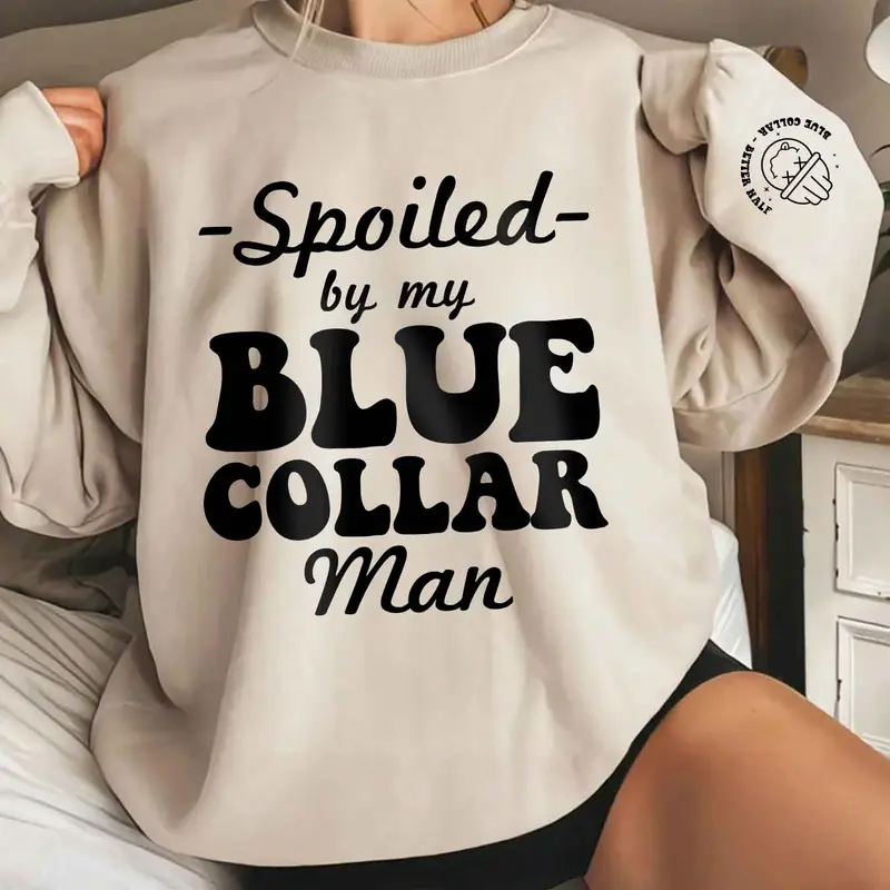 Stylish Blue Collar Man Print Knit Fabric Sweatshirt, Casual Loose-Fit Oversized Baggy Round Neck Long Sleeve Pullover for Fall & Winter, Trendy Daily Wear Tops, Womenswear, Clothes, Casual Cozy Pullover