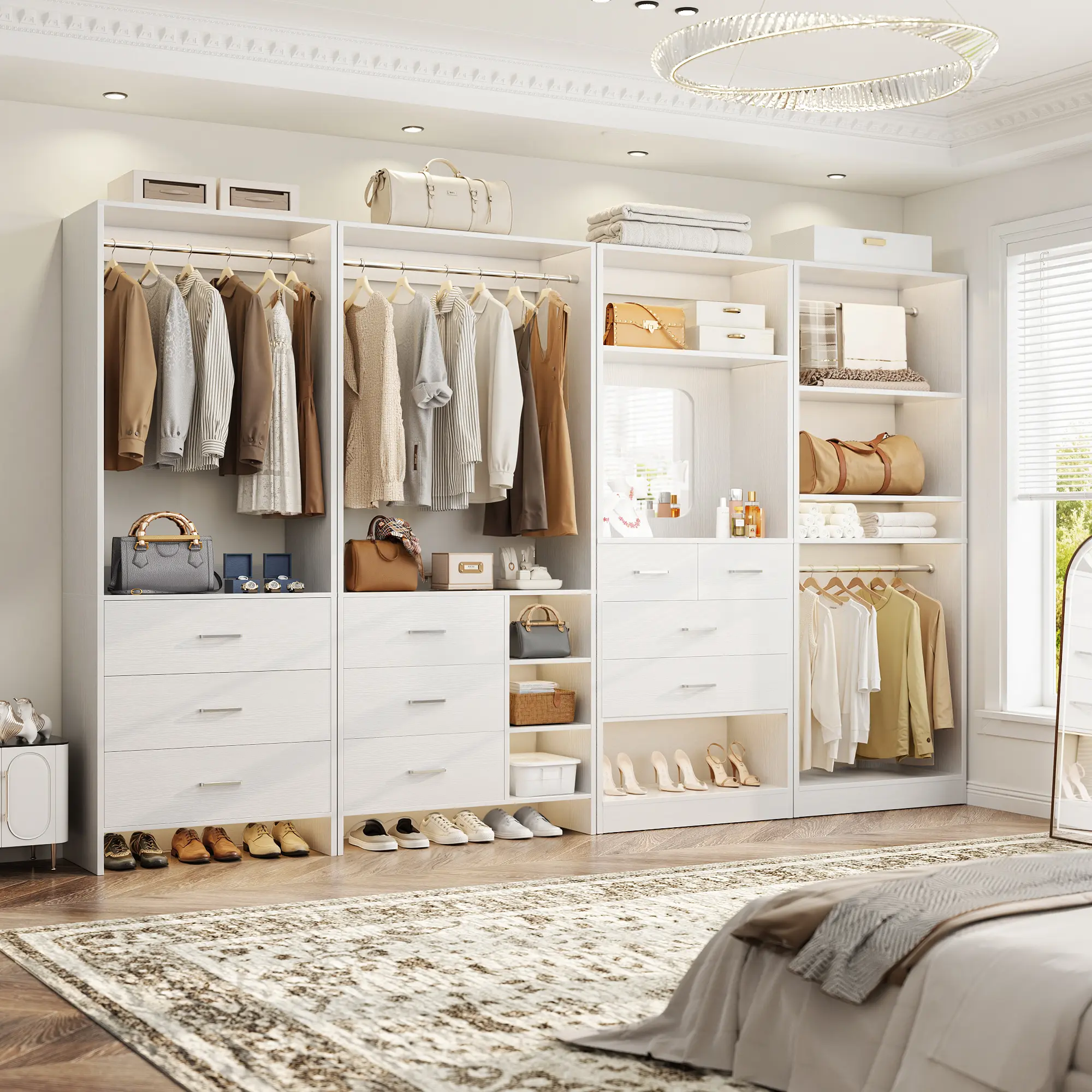 104''W Set of 4 Closet System with 10 Wooden Drawers and Hanging Rods, Freestanding Closet Organizer Set with Mirror and Multiple Adjustable Shelves Wardrobe Storage Unit Wood Armoire