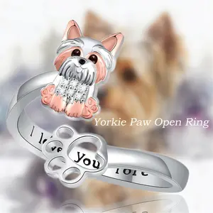 Adorable Two-Tone Yorkie & Paw Adjustable Alloy Ring - Whimsical Pet Lover Jewelry Gift for Dog Owners, Couples, Him/Her, Unisex Birthday or Anniversary Accessory
