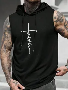 Men's Faith Cross Graphic Sleeveless Hoodie, Muscle Fit Breathable Hooded Tank Top, One Piece Multiple Ways Versatile Streetwear, Perfect for Gym Workout, Casual Daily Wear, Street Style & Layering, 2026 Trending Spiritual Wear for Men