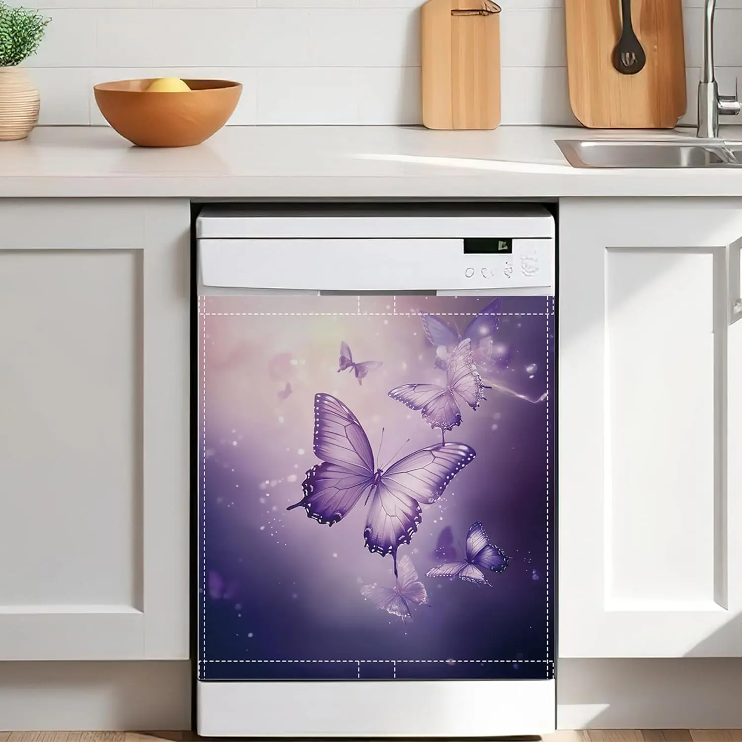 Durable Metal Butterfly Magnetic Dishwasher Cover - Purple Sparkling Residue-Free Lift Removable Front Panel Sticker, Fits Most Metal Kitchen Decor That Adds Decorative Charm (23x26 in)