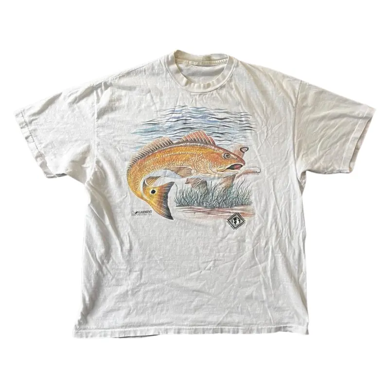 Women's Vintage Graphic T-Shirt - Casual 90s Retro White & Cream Cotton Shortleeve Round Neck Top, Unisex Fishing-Friendly Streetwear Crewneck Shortsleeve