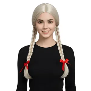 Blonde Braided Wig with Ribbons – Adjustable Costume Hairpiece with Elastic Band – Fashionable Braid Hairstyle for Kids & Adults – Fantasy Dress-Up, Halloween, Role Play, Cosplay & Daily Wear Wig