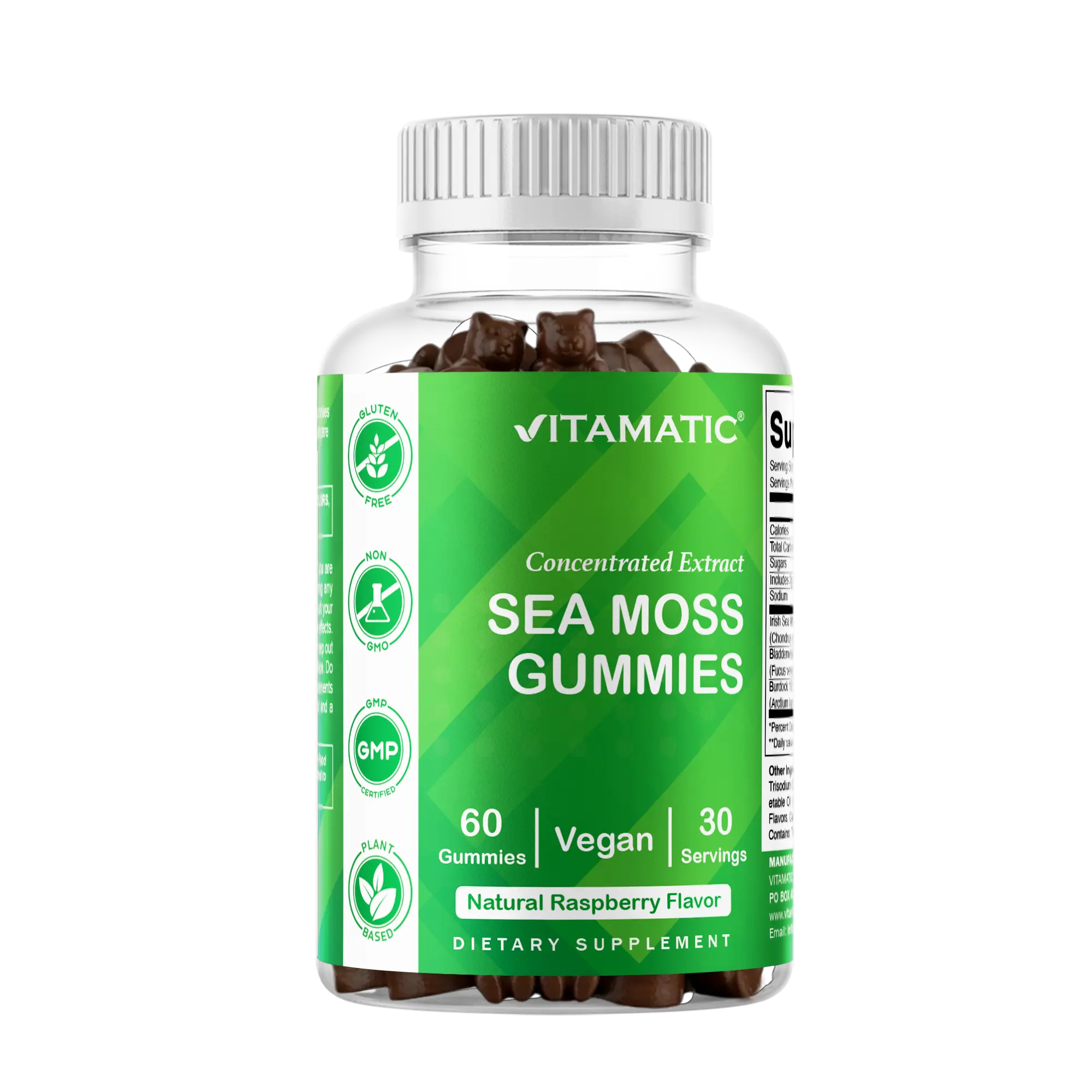 Vitamatic Irish Sea Moss Gummies with Bladderwrack & Burdock Root - Natural Daily Vegan Dietary Supplement, Gluten Free, Energy-Boosting Botanical Extract, Non-GMO, 60 Count