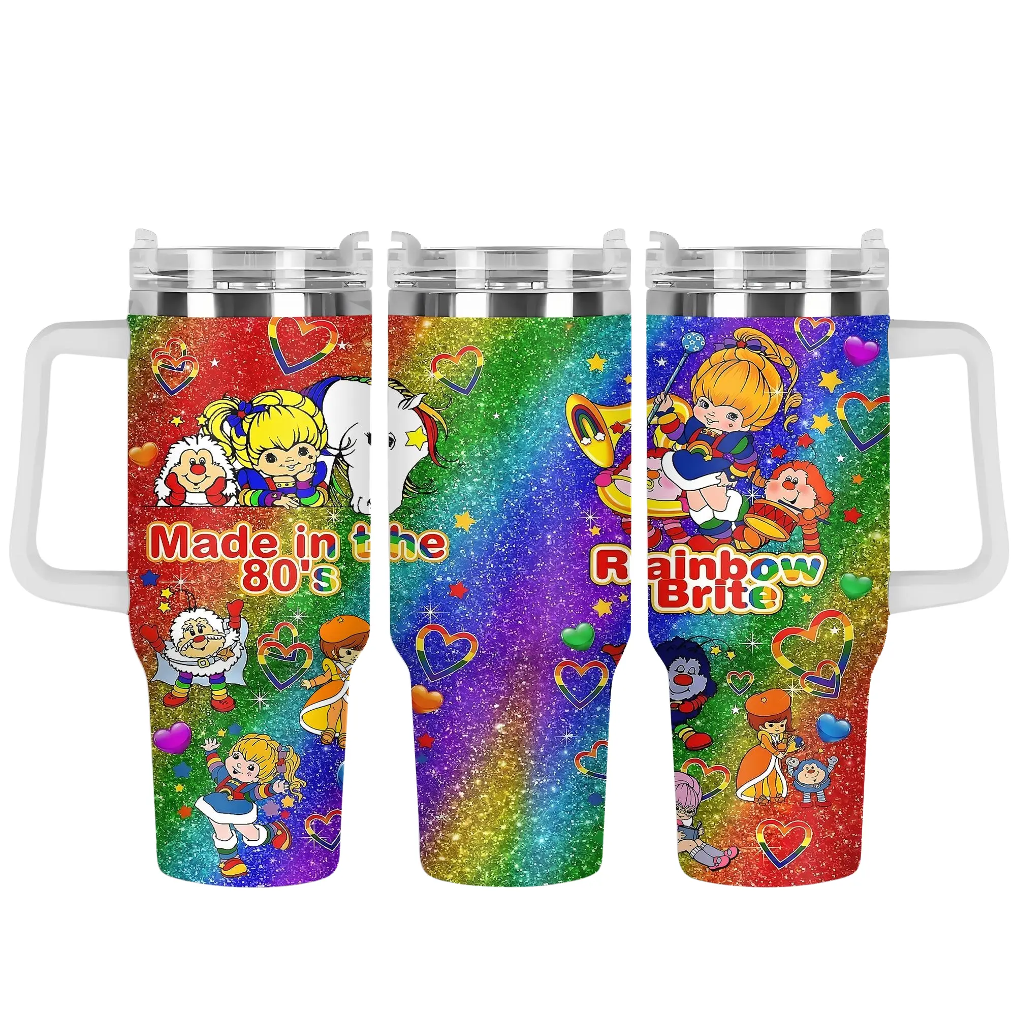 RainbowBrite 40oz Tumbler with Handle & Straw, Made in the 80's Stainless Steel Insulated Travel Mug, Retro Cartoon Glitter Rainbow Cup, Vintage 1980s Nostalgia Drinkware, Gift for RainbowBrite Fans