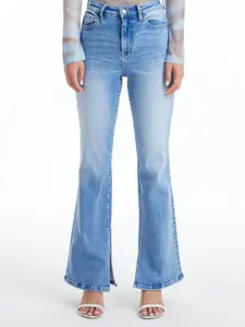 Flare Jeans Denim Long Leg High Rise Elegant Boot Cut Minimalist Street wear Womenswear Bottom Streetwear Trouser Pants Pocket Basic Blue Casual Fitted