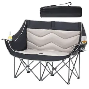 Black & Gray Padded Loveseat - Foldable Double Camping Chair with Cup Holder Side Bag Wine Holder Carry Bag for Outdoor Travel & Picnics