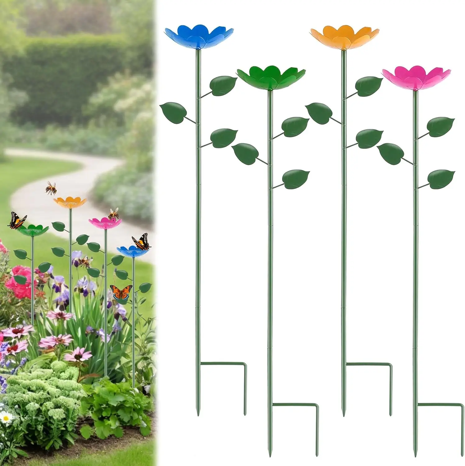 4 Pack Bee Watering Station with Larger Capacity,  Colorful Bee Water Feeder, Durable Metal Butterfly Bee Baths for Garden, Bee Cups with Flower Design for Outdoor Garden Decor