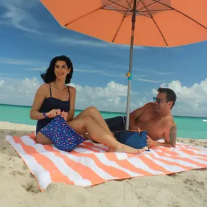 Beach Blanket – Sand-Resistant with Umbrella Slot (Peach & Stripes)