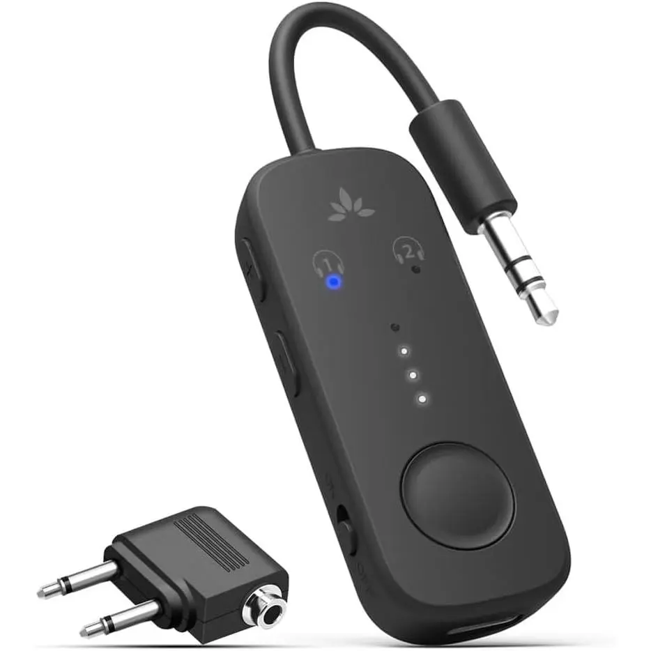 Bluetooth 5.3 Wireless Audio Transmitter with Qualcomm aptX Adaptive Codec, 3.5mm AUX Adapter, AUX Input, Button Control, 20H Long Battery Life, Dual Headphones Compatibility, Hi Res Audio, Included Dual 35mm Adapter, Gym Equipment/Travelers Use, Device,