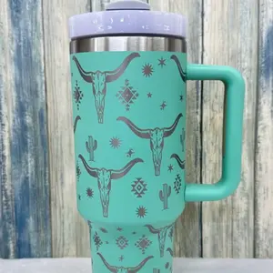 Savage West Longhorn Western Stainless Steel Tumbler with Handle & Straw – 40oz Insulated Cowboy Cup