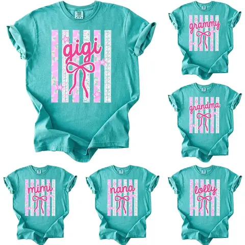 Comfort Colors Custom Coquette Striped Gigi Shirt, Floral Grandma Nana Mimi Mama Tee, Personalized Family Name T-Shirt, Dainty Aesthetic Grandparent Gift for Women - AL