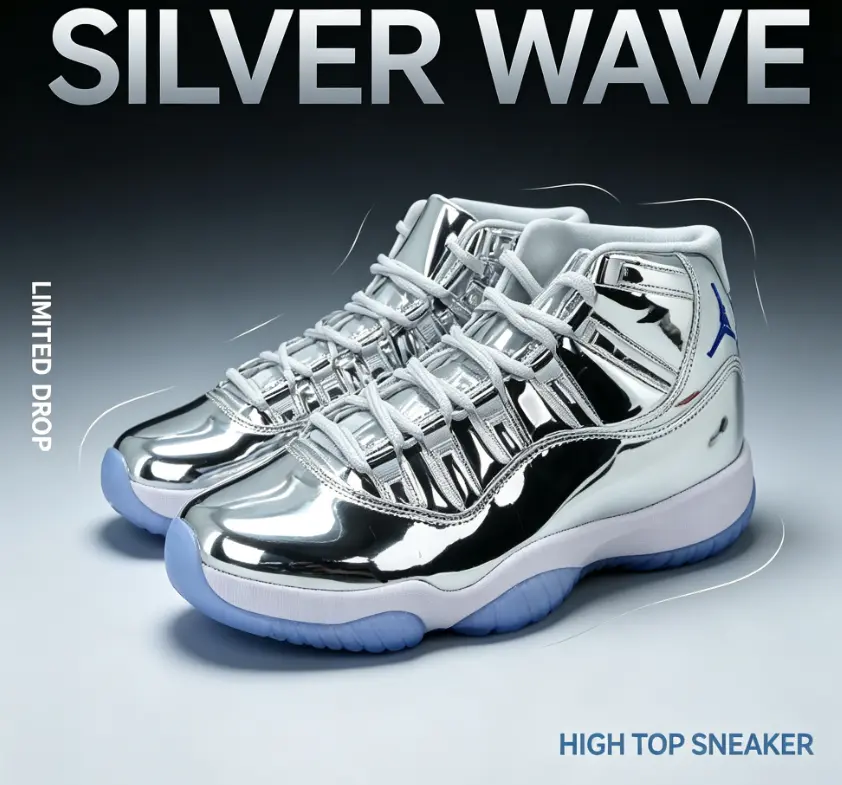 Chrome Mirror Silver High Top Sneakers Transparent icy blue sole viral streetwear kicks perfect for street shots & matching every hip-hop outfit unisex trendy daily footwear