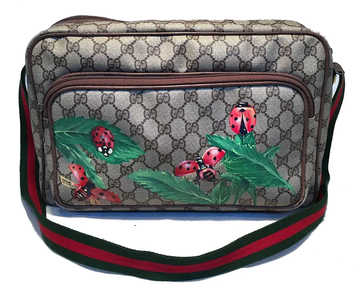 Pre-owned GUCCI Monogram Canvas Messenger Bags Vintage Monogram Hand Painted Ladybug Reporter Messenger Shoulder Bag