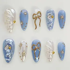 Elegant Ocean Blue Rhinestone Decorated Butterfly Nail Art Set, Removable European Style Manicure Tips with Star Pattern Rhinestones, 24pcs Glossy Finish Nails, Glittering Fake Nails, Stick On Nails, Press On Nail, Transferable Nail Art