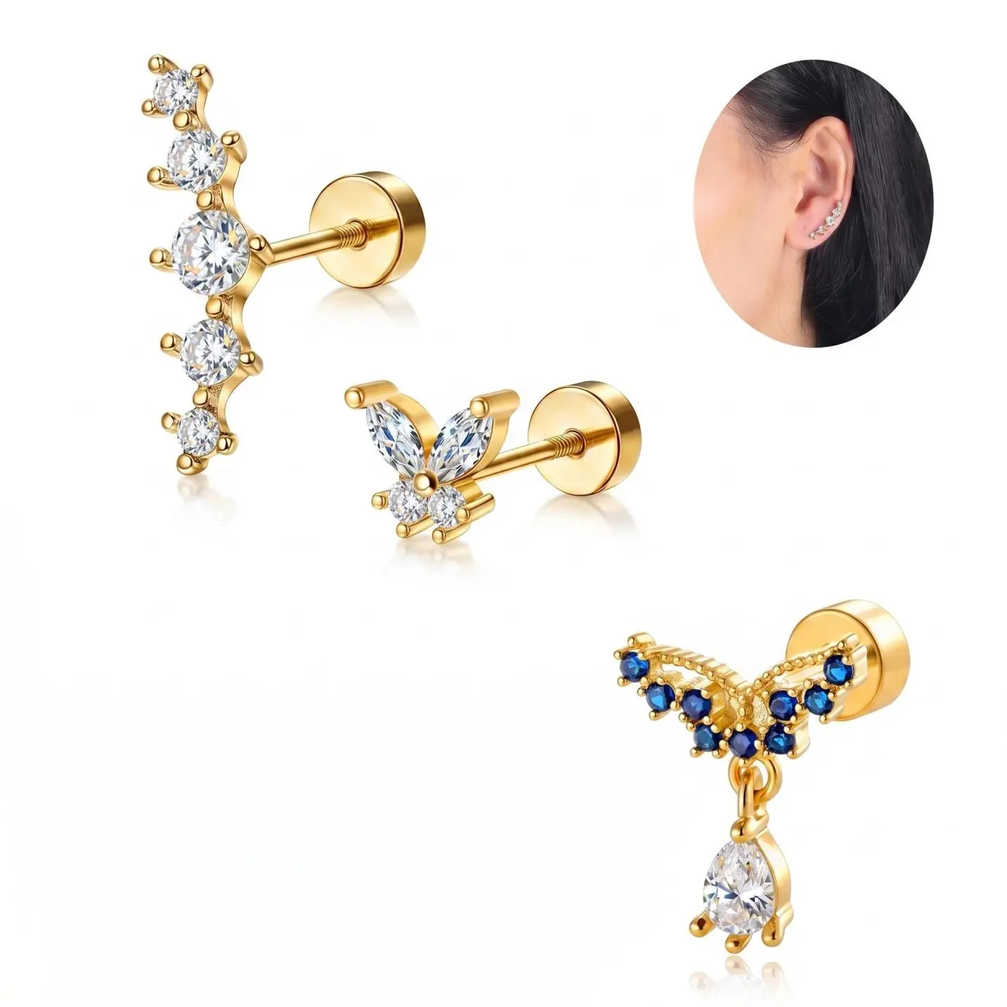 3PCS Gold CZ Butterfly Earrings Set for Women, Ear Climber & Stud Earrings, Dainty Stackable Jewelry Gift