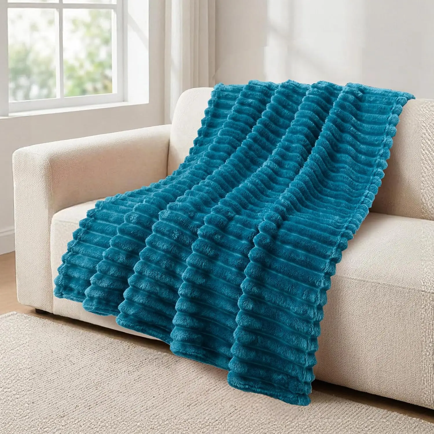 300GSM Flannel Fleece Throw Blanket, Striped Blue Soft and Warm Cozy Blanket for Couch, Bed, Sofa, Lightweight All Season Home Decor, 50x70 Inches
