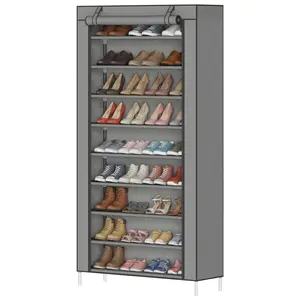 Garvee 10-Tier Tall Free-Standing Shoe Rack with Cover and Side Pockets, Large Capacity Organizer for Closet & Entryway, Holds 40-50 Pairs, Space-Saving Grey Shoe Storage Shelf