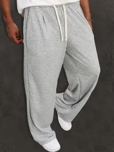 Men's Casual Knit Pants with Elastic Drawstring Waist, Loose-Fitting Straight Leg Design, Perfect for Spring & Fall Seasons