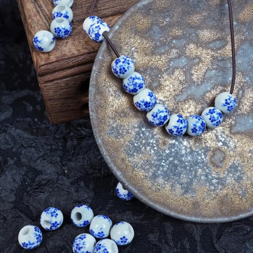 LUMAWU 10 Pcs Handmade Vintage Chinese Style Blue Floral Porcelain Beads - DIY Projects, Everyday Use, Non-Fading, Water-Resistant, Skin-Friendly, Durable, Safe for Beading & Jewelry Making