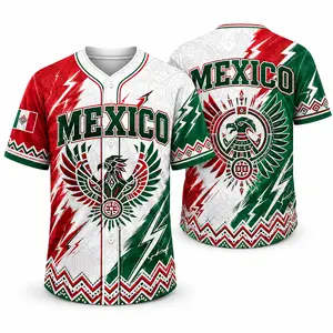 2026 Mexico Inspired White Red Green Button Down Baseball Jersey for Men, Eagle Emblem Graphic, Lightning Flag Design, Aztec Trim, Short Sleeve Soccer Fan Shirt, Casual Futbol Game Day Top