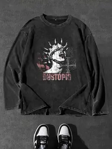 Men's Washed Vintage Round Neck Long Sleeve T-Shirt, Casual Fashion Fitted Design, Random Print Pattern, All Seasons Wear, Casual Graphic Tee