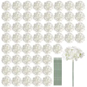 64pcs Artificial Hydrangea Flowers, Silk Hydrangea Full Flower Heads with Stems, Ivory Color, Decorative Plants, Ideal for Weddings & Decorations