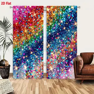 2D Flat  Rainbow Confetti Curtain 2-Piece Set, Colorful Shiny Dot Gradient with Star Sparkles, Festive Party Theme Blackout Curtains for Bedroom Living Room Decor