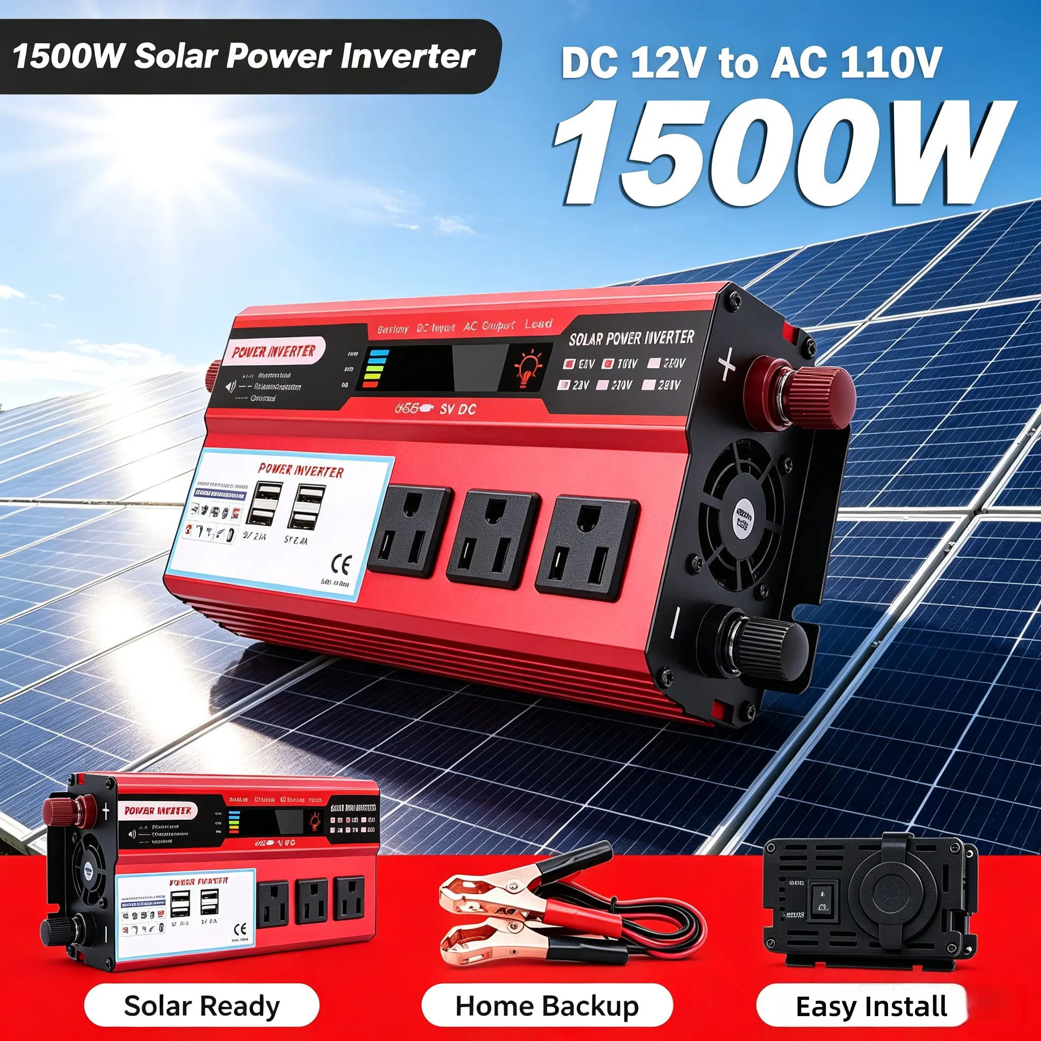 Compact 1500W High Efficiency Auto Inverter, Real-Time Voltage Monitor, Stable Power Supply for RV Travel and Small Daily Appliances