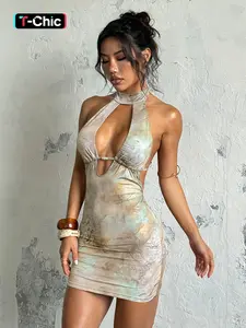 Women's All Over Print Backless Halter Dress, Fashion Casual Sleeveless Short Dress Fitted for Holiday Vacation, Beach Travel Dress, Ladies Summer Clothes