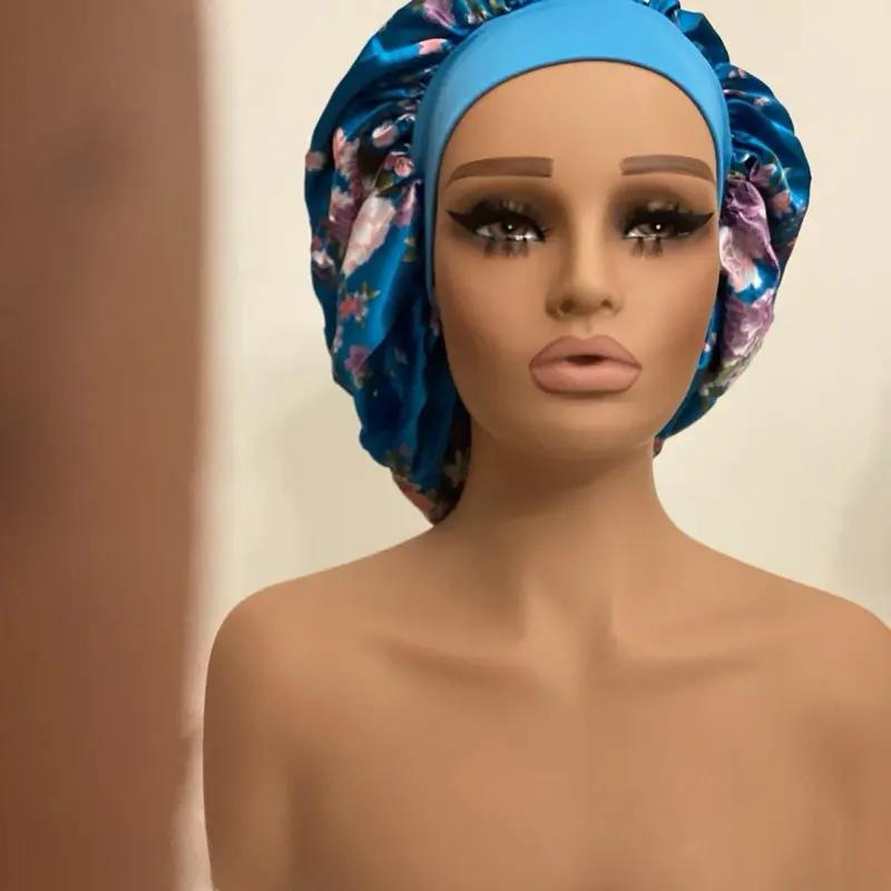 Royal Blue Floral Satin Sleeping Bonnet - Soft, Lightweight Haircare Overnight Styling Tool with Wide Elastic Band
