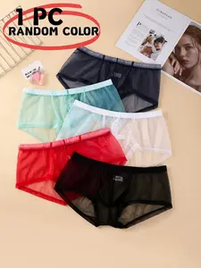1 Pc Random Color Men's Sexy Fashion Thong Panties, Mesh Breathable Underwear, Comfortable Stretch Casual Sport Shorts, All Seasons Plain Design