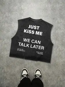 Men's Washed Sleeveless Crop Top with "JUST KISS ME" Print, Vintage Distressed Cotton Tank Top, Streetwear Casual Sleeveless Vest