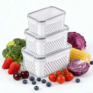 Food Vegetable Storage Box, 3 Counts Airtight Insulated Food Storage Fruit Containers for Fridge – Airtight Produce Keeper with Removable Colander Basket, Rinse & Drain Strawberries, Vegetables, Fruits, Extend Freshness, BPA-Free Kitchen Utensils