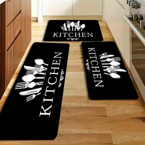 3pcs Kitchen Alphabet Theme Mat Set, Knife And Fork Pattern, Musthave for Home, Non Slip, Soft, Easy to Clean, Suitable for Bedrooms, Living And Dining Room, Kitchen, Bathroom, Gift for Friend And Family, Mother's Day Gifts, Mothers Day Decoration