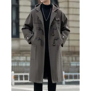Autumn and Winter Clothing Men's Mid-Length Horn Buckle Trench Coat Men's Solid Color Woolen Hooded Coat Jacket