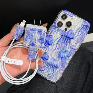 5 Piece Set: Transparent Jellyfish Phone Case, Charger Case, 2 Cable Cases, Silicone Cable Tie, Compatible with iPhone 11 to 15 Series