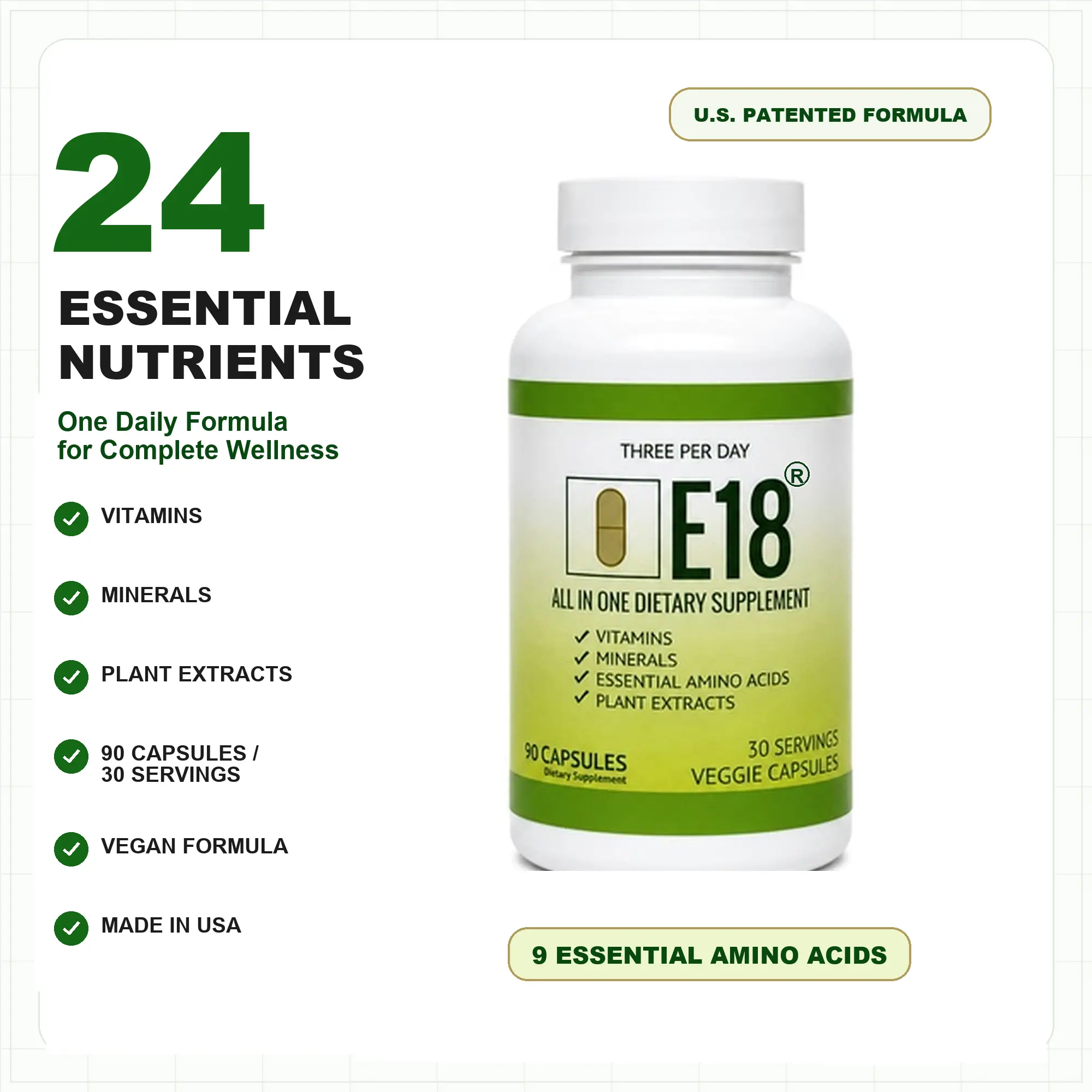 E18 All-in-1 Daily Multivitamin Supplement | 24 Essential Nutrients | Vitamins, Minerals, 9 Essential Amino Acids & Plant Extracts