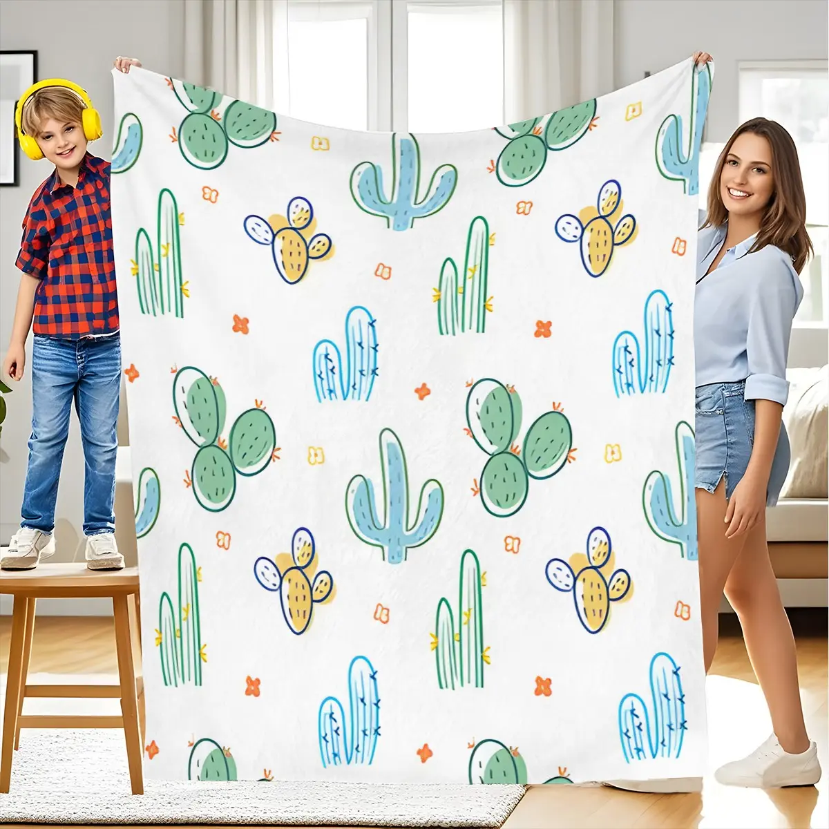 Multicolor Cactus Print Blanket, Soft Skin-Friendly Portable Throw, Suitable for Sofa Bedroom Office Outdoor, Hand Washable