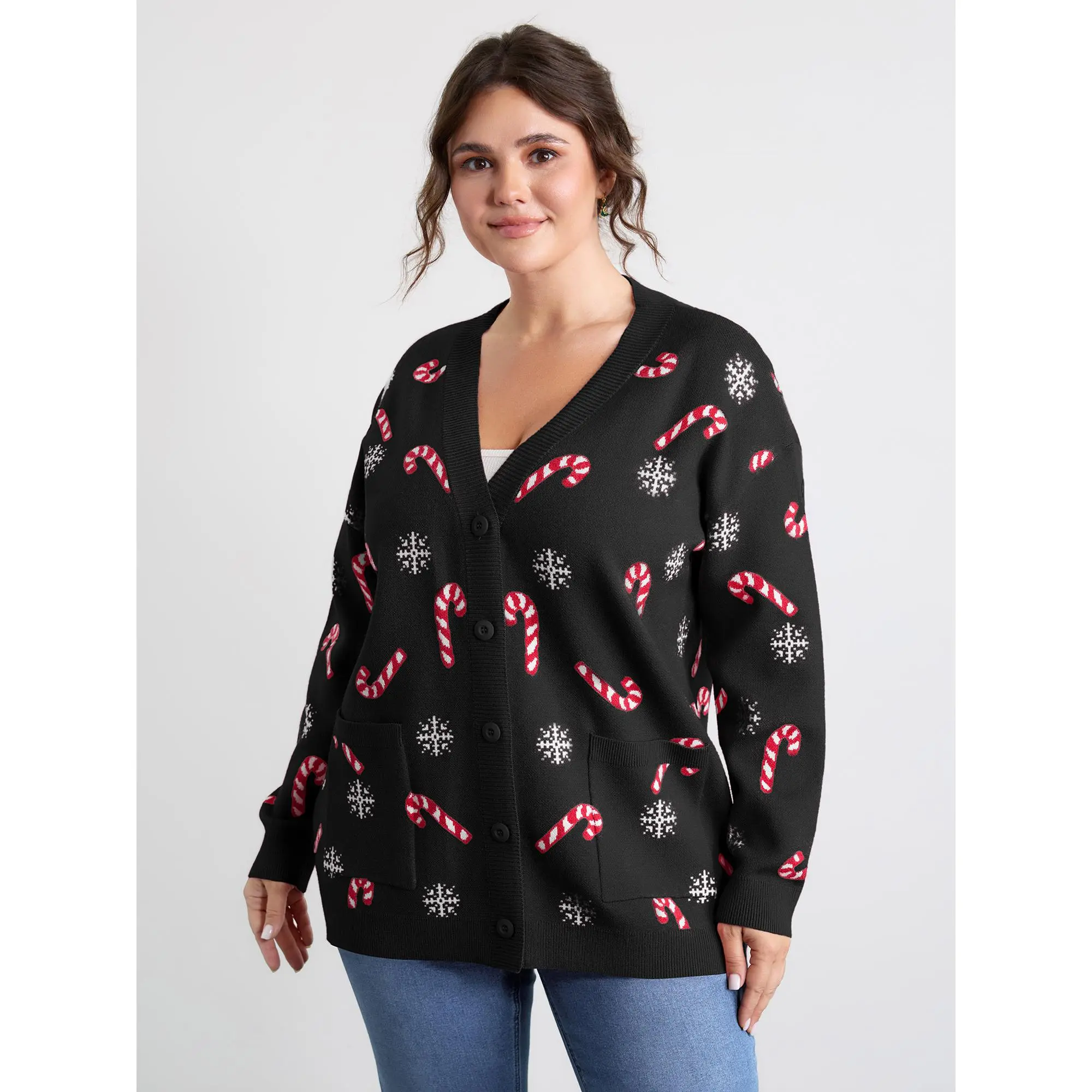 BloomChic Women's Plus Size Holiday Cardigan, a Button-Front Jacquard Knit Top with Long Sleeves, Loose Fit and Candy Patch Pockets, Long Sleeve, Fabric, Tops, Candy Pockets, Low Iron