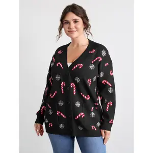 BLOOMCHIC Plus Size Holiday Candy Patch Pockets Knit Cardigan [M–6X], 2026 Summer Vibes, Polyester, Knitting