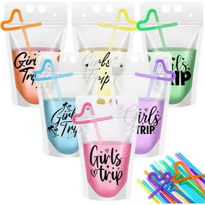 24 Sets Girls Trip Drink Pouch Bags with Straws, Girls  Getaway Drink Holders  Travel Juice Bag for Sister Auntie  Besties Vacation